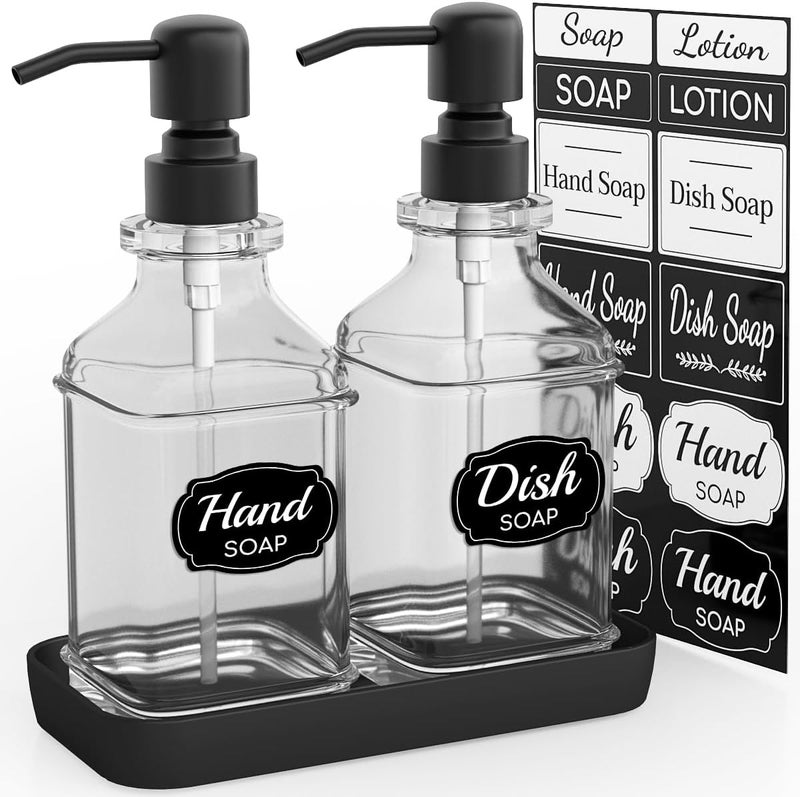 LMQML Soap Dispenser - 2 Pack, Antique Design Thick Glass Hand Soap Dispensers with Sturdy Tray; 304 Rust Proof Stainless Steel Black Pump, 12Pcs Stickers, for Kitchen, Bathroom - Image 1